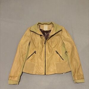 Guess Womens Tan Faux Leather Mixed Media Moto Jacket Floral Lining XL Grunge